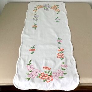 Vintage Needlepoint Table Runner Dresser Scarf Floral Embroidery Handmade 35x15”